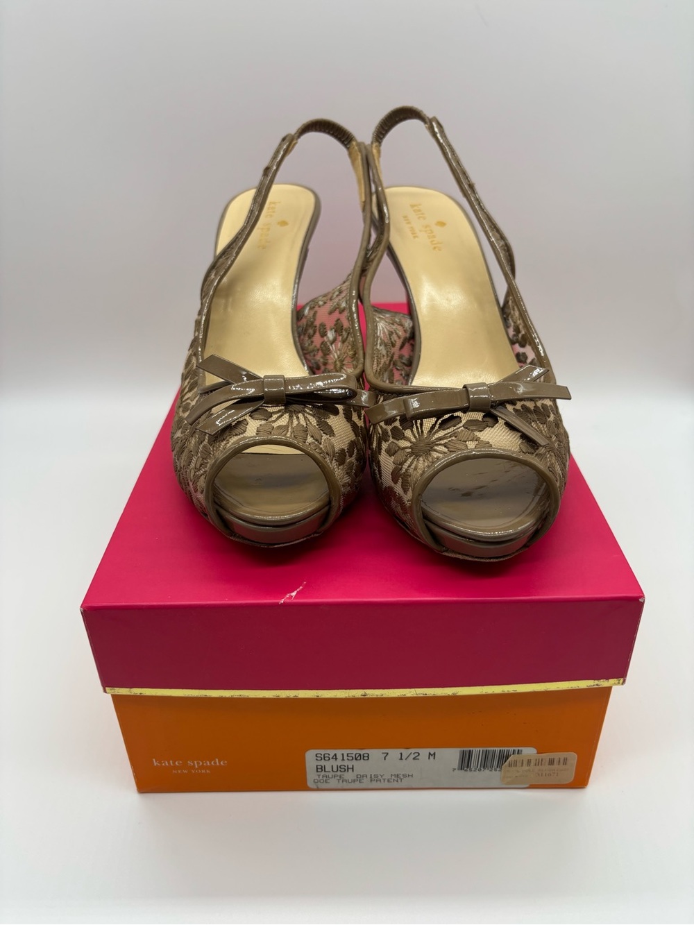 kate spade Blush Lace Peep-Toe Slingback Heels with Bow Accent in Taupe